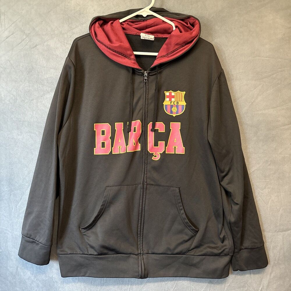 FCB Forca Barca HOODIE Barcelona Jacket Mens XL Full Zip Black SOCCER Messi Warm